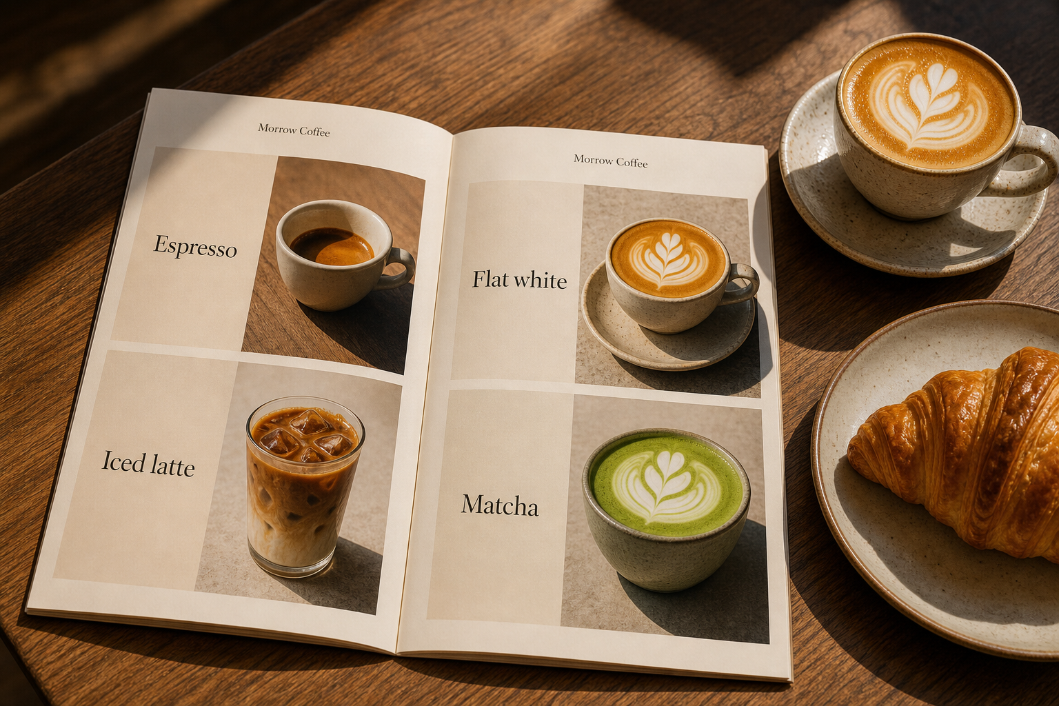 An open Morrow coffee menu showing espresso, flat white, iced latte and matcha
